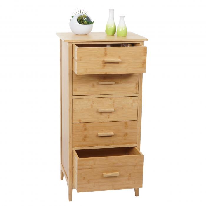 Bambus-Kommode HWC-M24, Badezimmerschrank Schrank Anrichte Badschrank Beistellschrank Regal, 5 Schubladen, 100x50x40cm