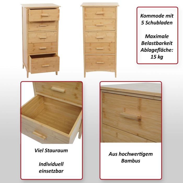 Bambus-Kommode HWC-M24, Badezimmerschrank Schrank Anrichte Badschrank Beistellschrank Regal, 5 Schubladen, 100x50x40cm