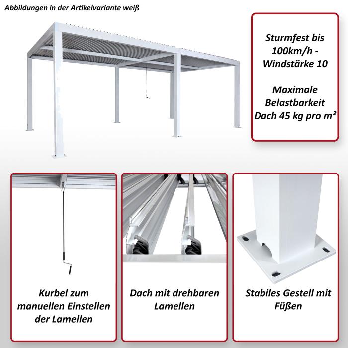Pergola HWC-L46, Gartenpavillon Lamellen-Pavillon, 11cm-Aluminium-Gestell, Regenrinne sturmfest, 3x6m ~ anthrazit