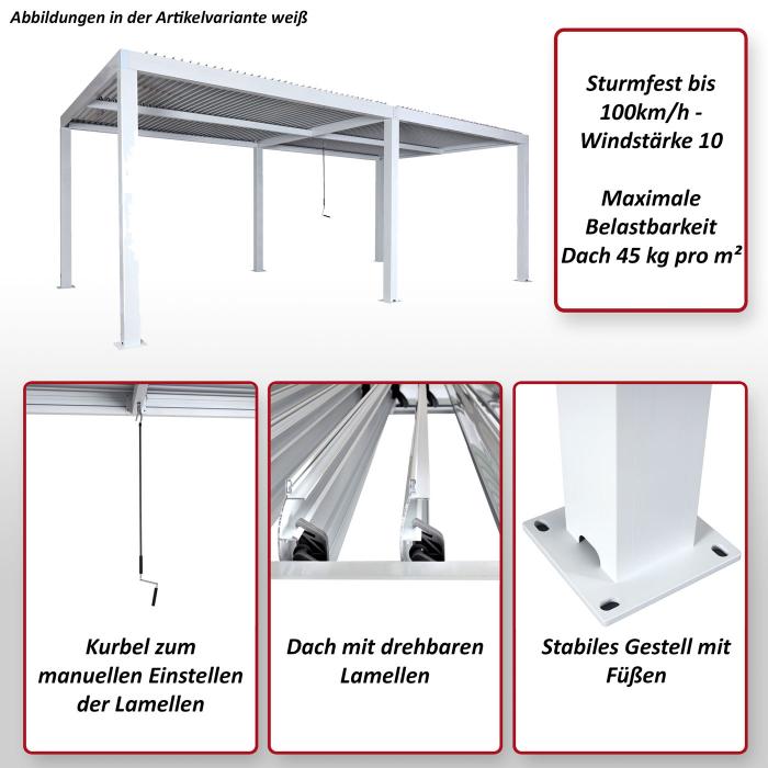 Pergola HWC-L46, Gartenpavillon Lamellen-Pavillon, 11cm-Aluminium-Gestell, Regenrinne sturmfest, 3x6m ~ wei