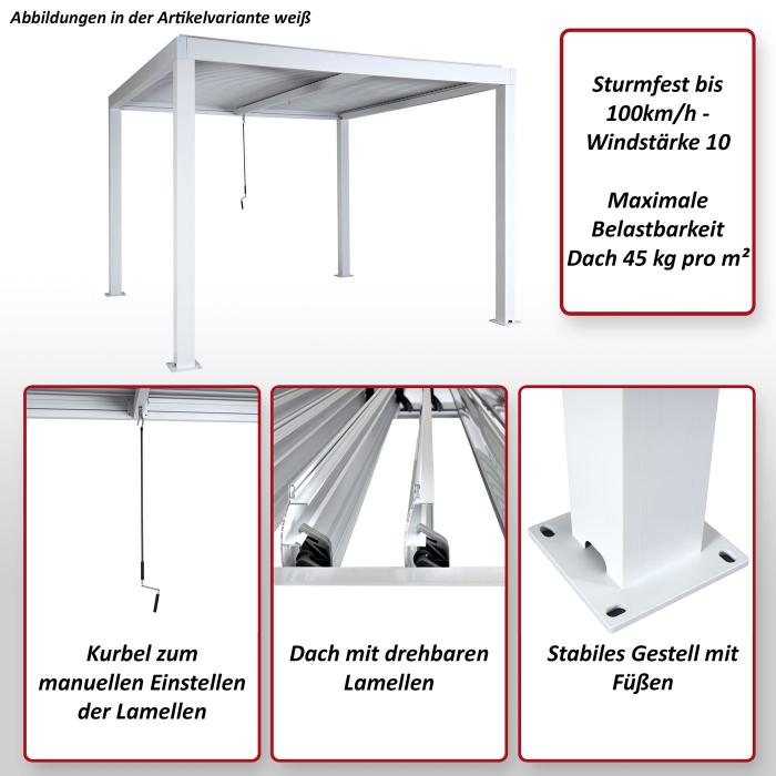 Pergola HWC-L46, Gartenpavillon Lamellen-Pavillon, 11cm-Aluminium-Gestell, Regenrinne sturmfest, 3x4m ~ anthrazit