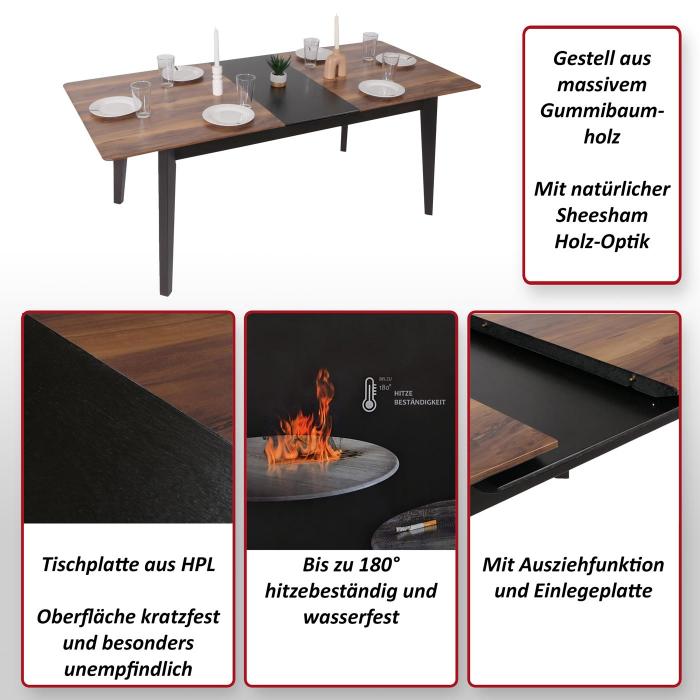 Esszimmertisch HWC-M57, Esstisch, Massiv-Holz Laminat Melamin 160-200x90cm, ausziehbar Sheesham Holz-Optik, dunkle Beine