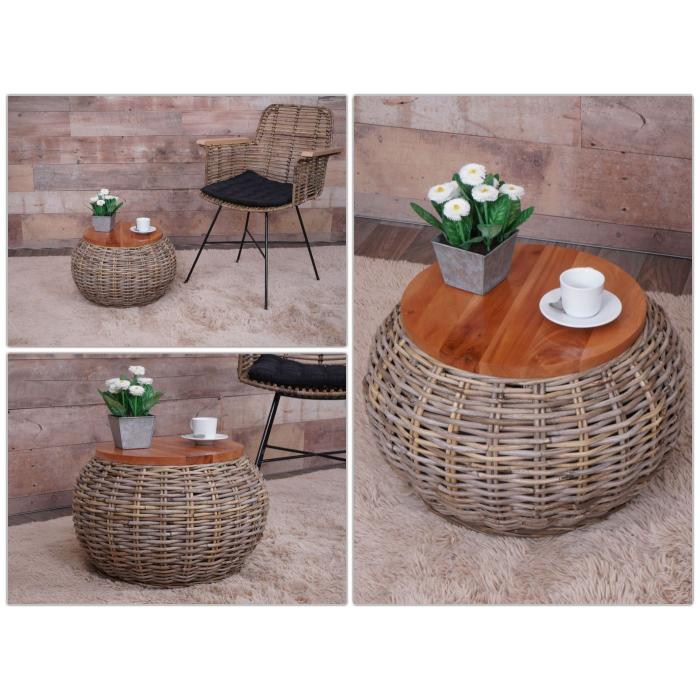 Beistelltisch HWC-M30, Rattantisch Blumentisch Kaffeetisch Loungetisch Holztisch, rund 33x49x49cm, Kubu Rattan natur