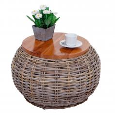 Beistelltisch HWC-M30, Rattantisch Blumentisch Kaffeetisch Loungetisch Holztisch, rund 33x49x49cm, Kubu Rattan natur