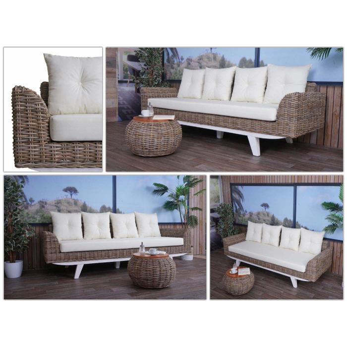 Sofa HWC-M32, 4-Sitzer Couch Rattansofa Loungesofa mit Kissen, 209cm Kubu Rattan natur Stoff/Textil Polster creme