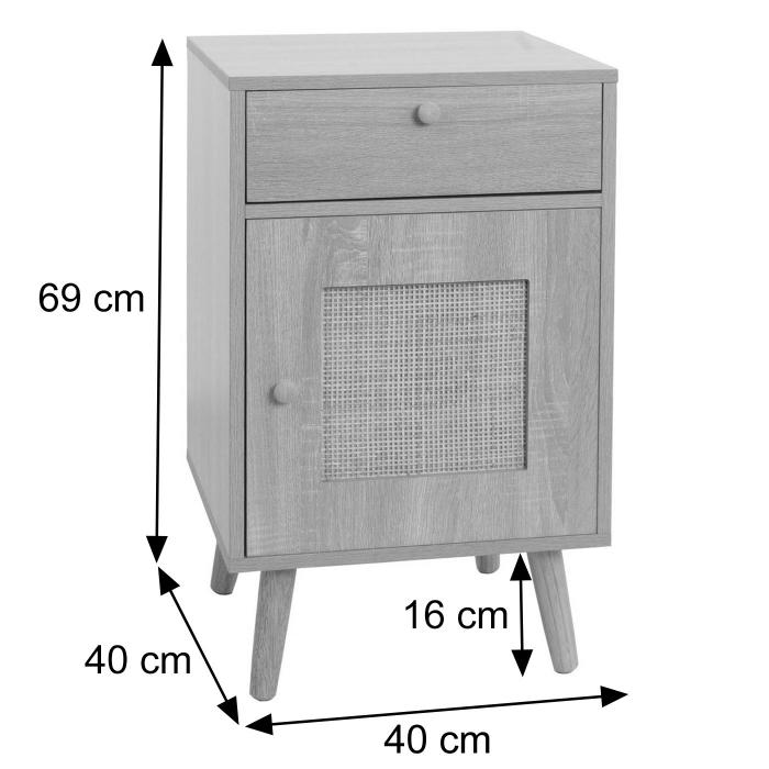 Beistelltisch HWC-M36, Kaffeetisch Nachttisch Loungetisch, Staufcher Schublade, Kubu Rattan Holz Melamin, Eiche-Optik