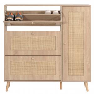 Rattan-Schuhkipper HWC-M37, Schuhregal Schuhschrank, 3 Kippfcher 2 Regalbden 127x120x24cm Holz Melamin ~ Eiche-Optik