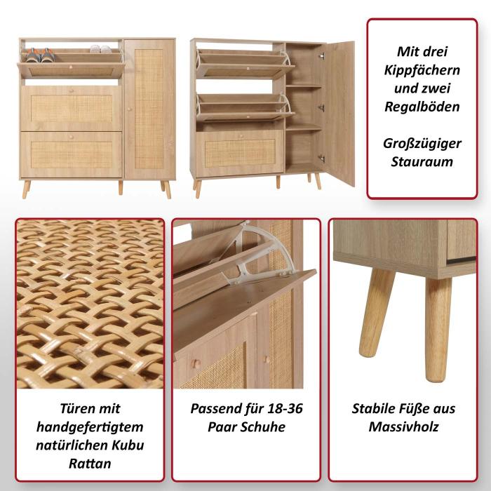 Rattan-Schuhkipper HWC-M37, Schuhregal Schuhschrank, 3 Kippfcher 2 Regalbden 127x120x24cm Holz Melamin ~ wei