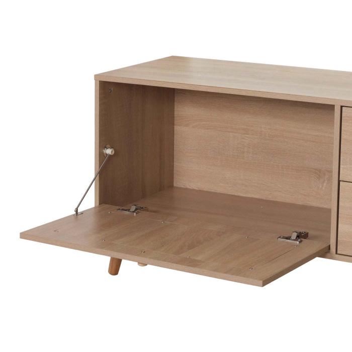 TV-Rack HWC-M38, Lowboard Fernsehtisch TV-Schrank Kommode, Schublade Tre, Kubu Rattan Holz 56x140x41cm Eiche-Optik