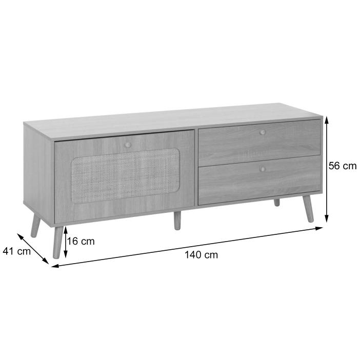 TV-Rack HWC-M38, Lowboard Fernsehtisch TV-Schrank Kommode, Schublade Tre, Kubu Rattan Holz 56x140x41cm Eiche-Optik