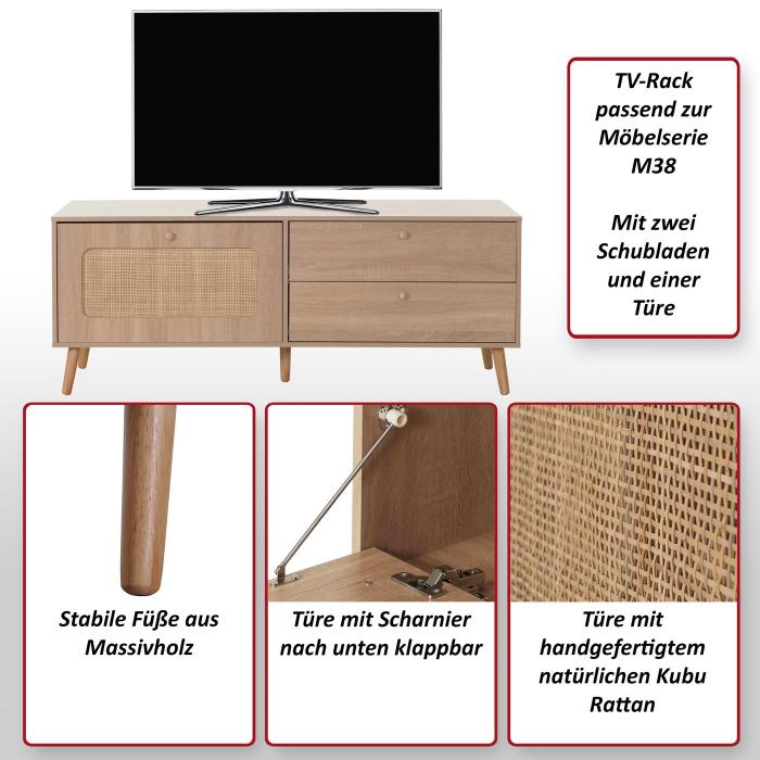 TV-Rack HWC-M38, Lowboard Fernsehtisch TV-Schrank Kommode, Schublade Tre, Kubu Rattan Holz 56x140x41cm Eiche-Optik
