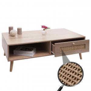 Couchtisch HWC-M39, Wohnzimmertisch Beistelltisch Sofatisch, Schublade Kubu Rattan Holz Melamin, 37x110x59cm Eiche-Optik