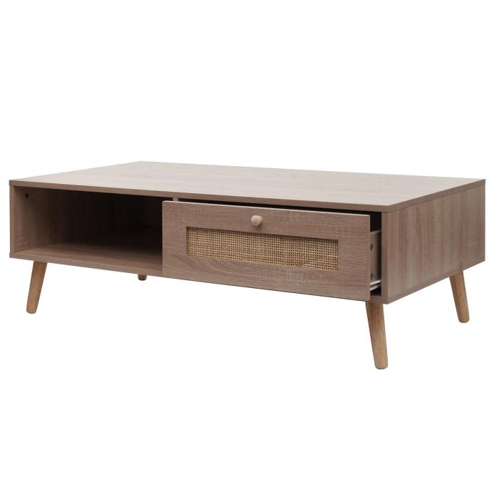 Couchtisch HWC-M39, Wohnzimmertisch Beistelltisch Sofatisch, Schublade Kubu Rattan Holz Melamin, 37x110x59cm Eiche-Optik