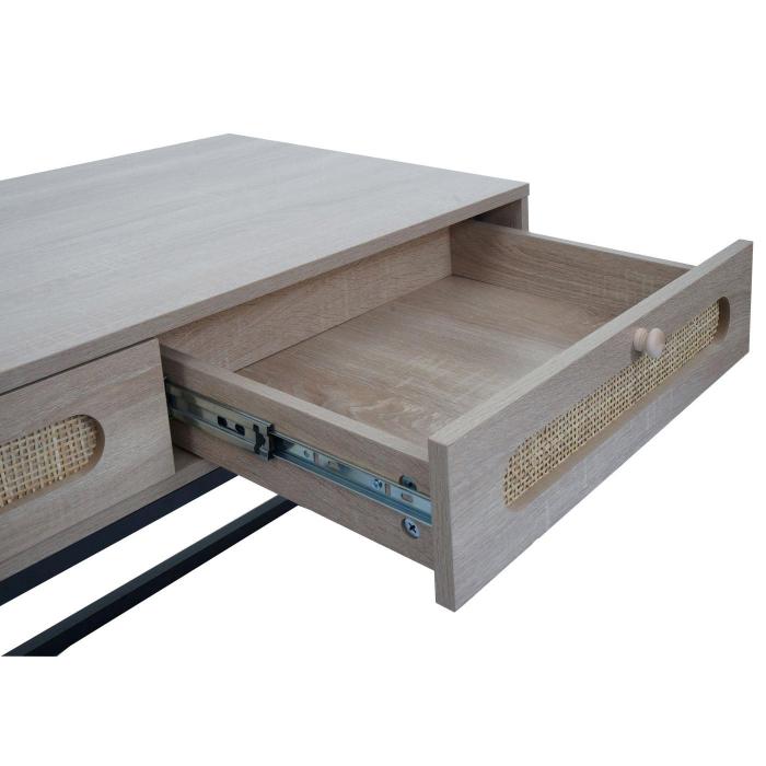 Couchtisch HWC-M41, Wohnzimmertisch Tisch Beistelltisch Sofatisch, Schublade, Kubu Rattan Holz Melamin, Eiche-Optik
