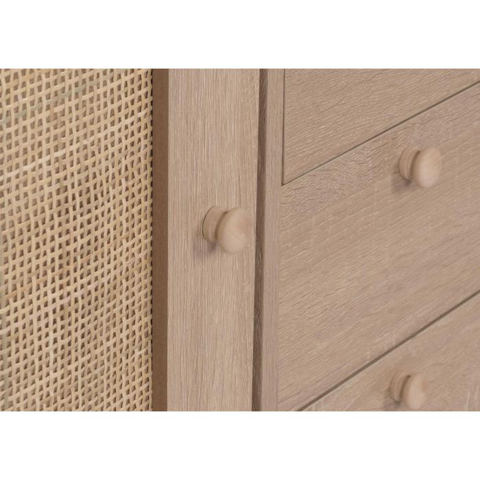 Sideboard HWC-M43, Schrank Kommode Highboard, Schubladen Staufach, Kubu Rattan Holz Melamin, Eiche-Optik