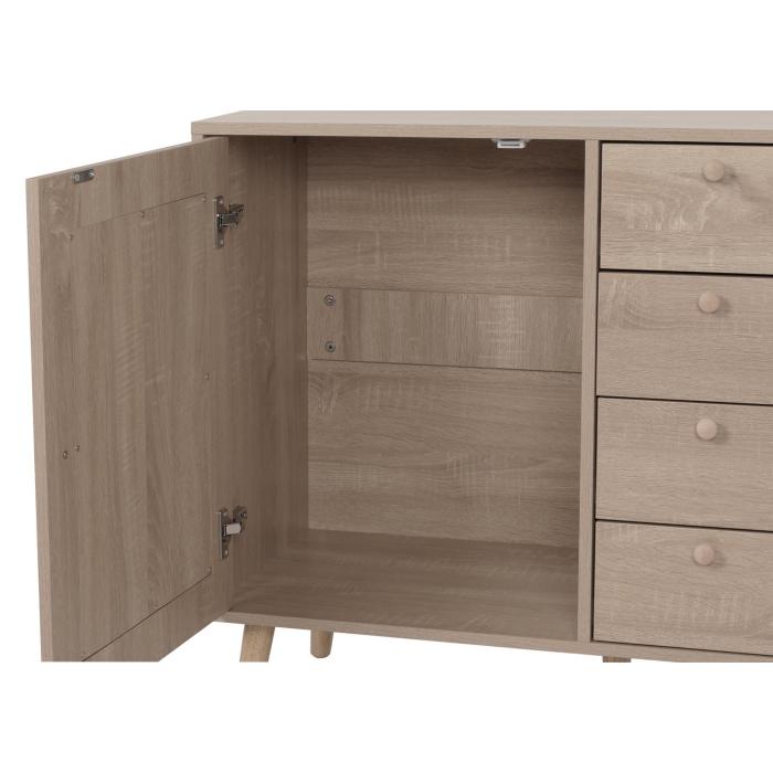 Sideboard HWC-M43, Schrank Kommode Highboard, Schubladen Staufach, Kubu Rattan Holz Melamin, Eiche-Optik