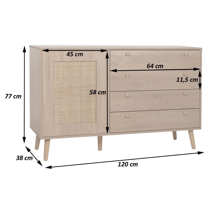 Sideboard HWC-M43, Schrank Kommode Highboard, Schubladen Staufach, Kubu Rattan Holz Melamin, Eiche-Optik