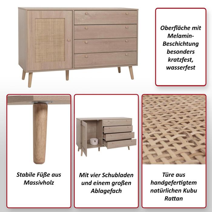 Sideboard HWC-M43, Schrank Kommode Highboard, Schubladen Staufach, Kubu Rattan Holz Melamin, Eiche-Optik