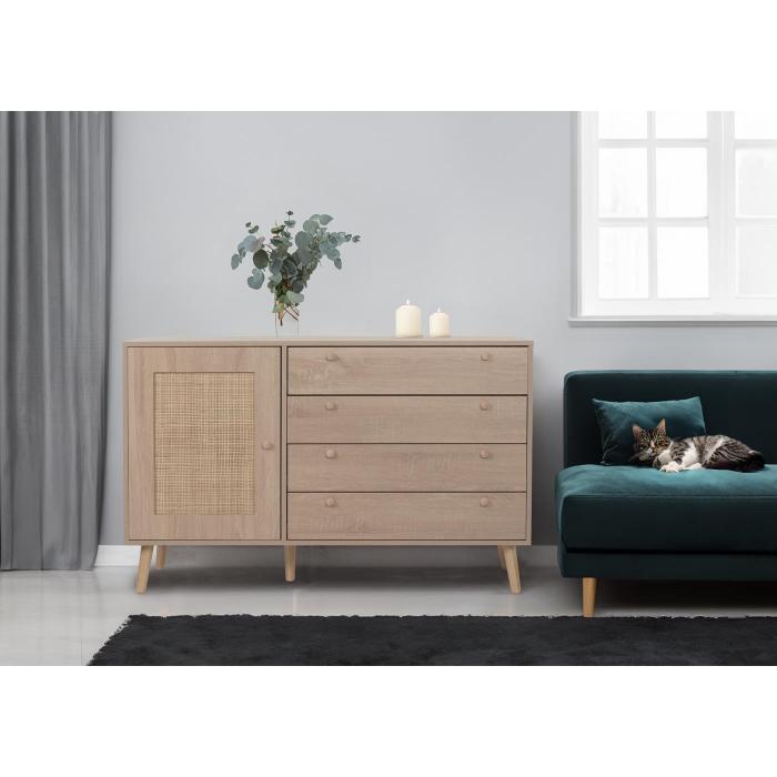 Sideboard HWC-M43, Schrank Kommode Highboard, Schubladen Staufach, Kubu Rattan Holz Melamin, Eiche-Optik