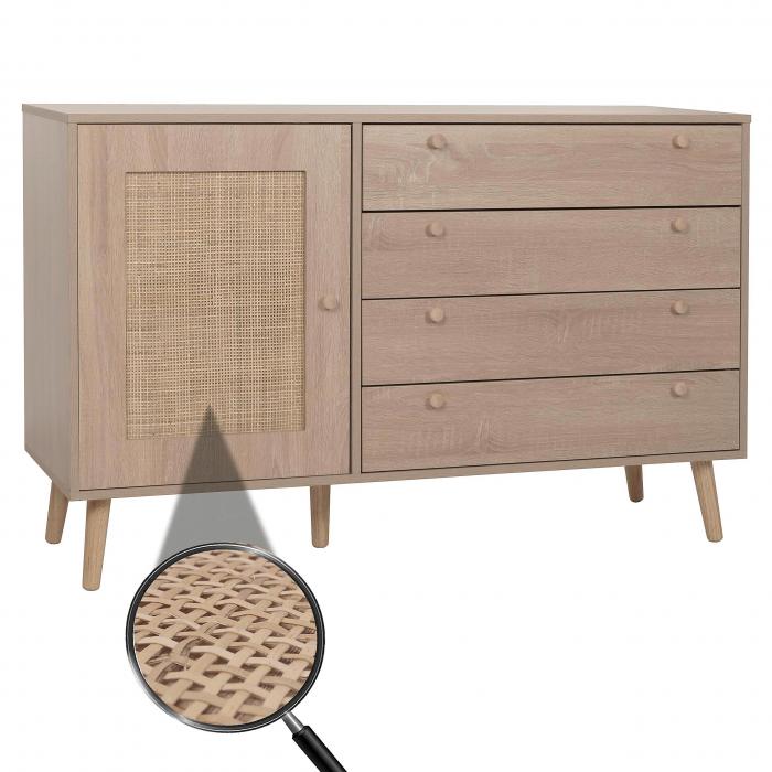 Sideboard HWC-M43, Schrank Kommode Highboard, Schubladen Staufach, Kubu Rattan Holz Melamin, Eiche-Optik