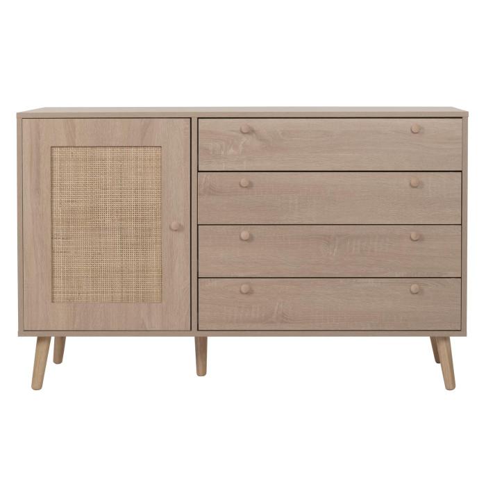 Sideboard HWC-M43, Schrank Kommode Highboard, Schubladen Staufach, Kubu Rattan Holz Melamin, Eiche-Optik