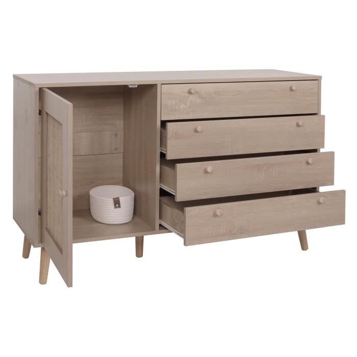 Sideboard HWC-M43, Schrank Kommode Highboard, Schubladen Staufach, Kubu Rattan Holz Melamin, Eiche-Optik