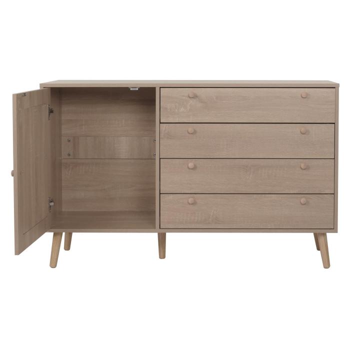 Sideboard HWC-M43, Schrank Kommode Highboard, Schubladen Staufach, Kubu Rattan Holz Melamin, Eiche-Optik