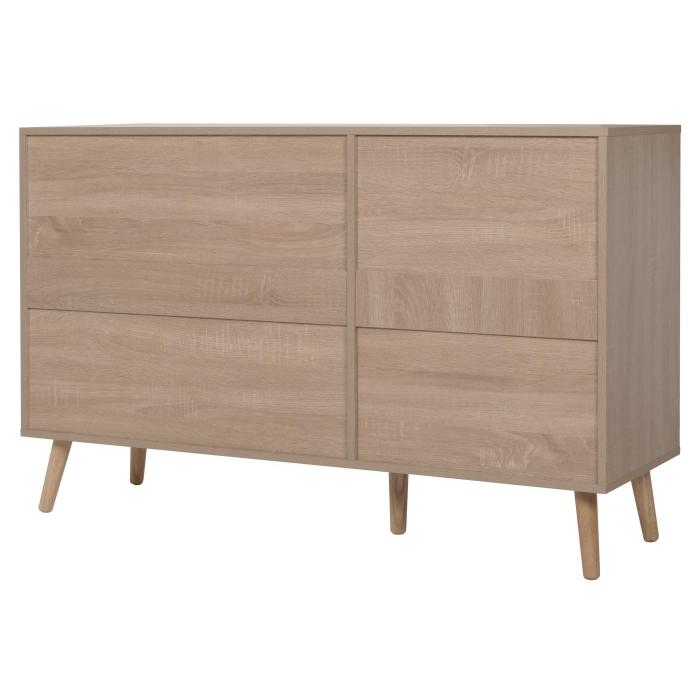 Sideboard HWC-M43, Schrank Kommode Highboard, Schubladen Staufach, Kubu Rattan Holz Melamin, Eiche-Optik