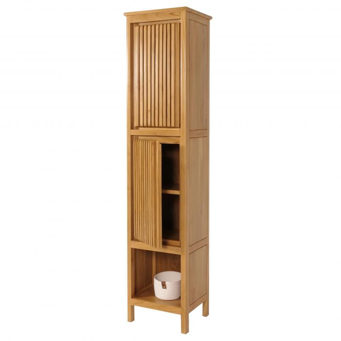 Teak-Hochschrank HWC-M70, Badschrank, 2 Tren 5 Fcher, hochwertiges B-Grade-Teak (Kernholz, 20-30 Jahre) 181x41x35cm