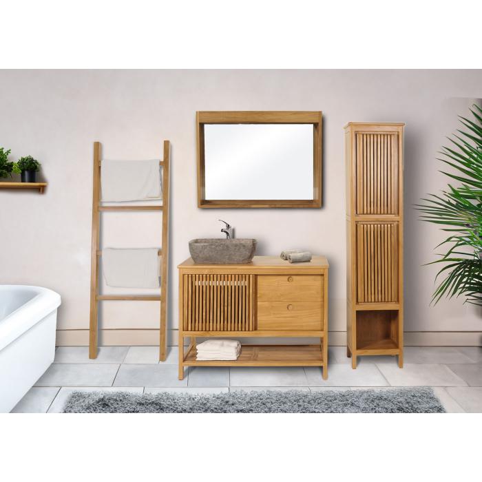 Teak-Badezimmer-Set HWC-M70, Waschtisch Hochschrank Wandspiegel Handtuchhalter Waschbecken, hochwertiges B-Grade-Teak