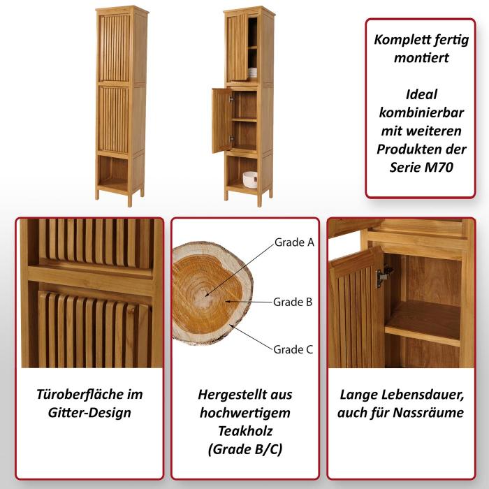 Teak-Hochschrank HWC-M70, Badschrank, 2 Tren 5 Fcher, hochwertiges B-Grade-Teak (Kernholz, 20-30 Jahre) 181x41x35cm