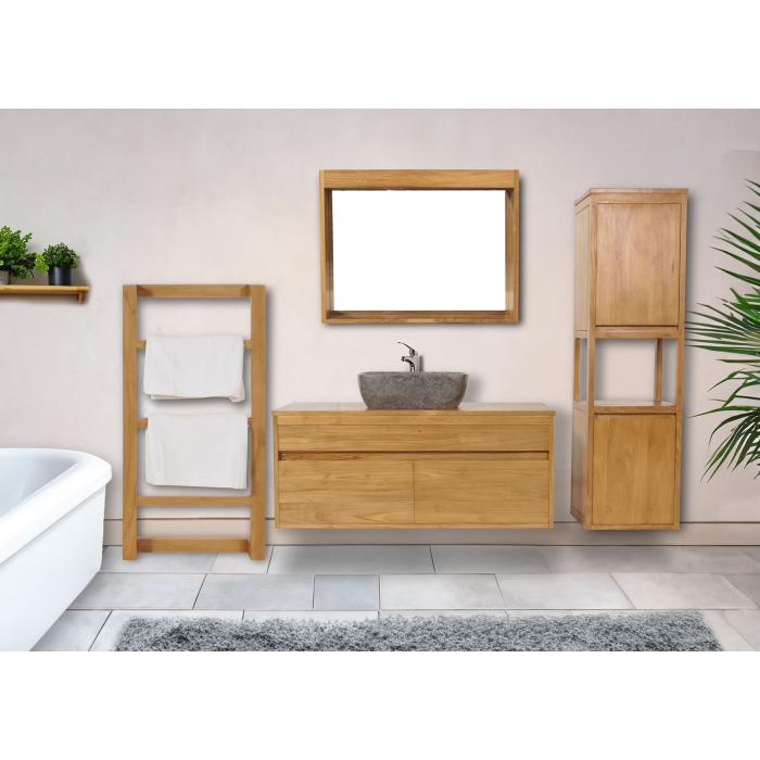Teak-Badezimmer-Set HWC-M71, Waschtisch Hochschrank Wandspiegel Handtuchhalter Waschbecken, hochwertiges B-Grade-Teak