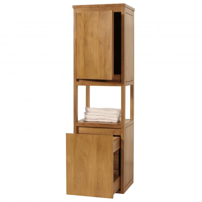 Teak-Hochschrank HWC-M71, Badschrank Badregal Badezimmer, hochwertiges B-Grade-Teak (Kernholz, 20-30 Jahre), 141x41x36cm