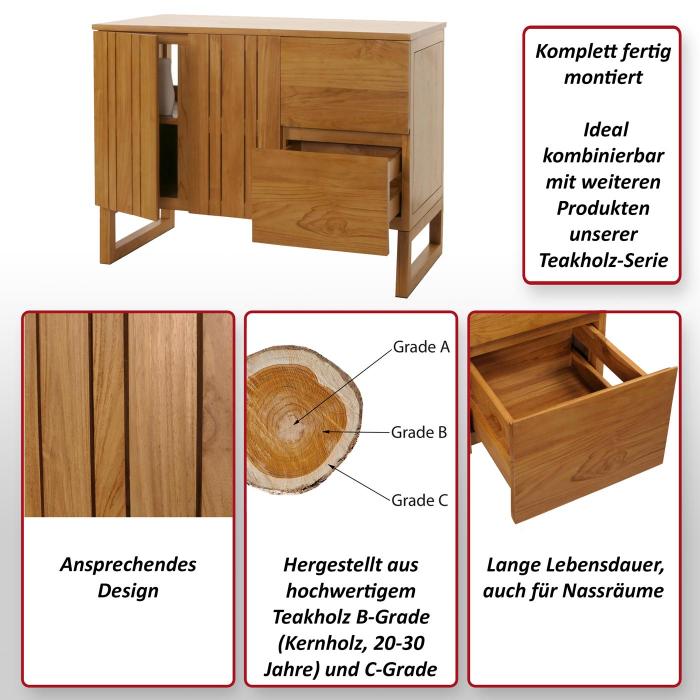 Teak-Waschbeckenunterschrank HWC-M72, Waschtisch Schrank, hochwertiges B-Grade-Teak (Kernholz, 20-30 Jahre), 82x106x56cm