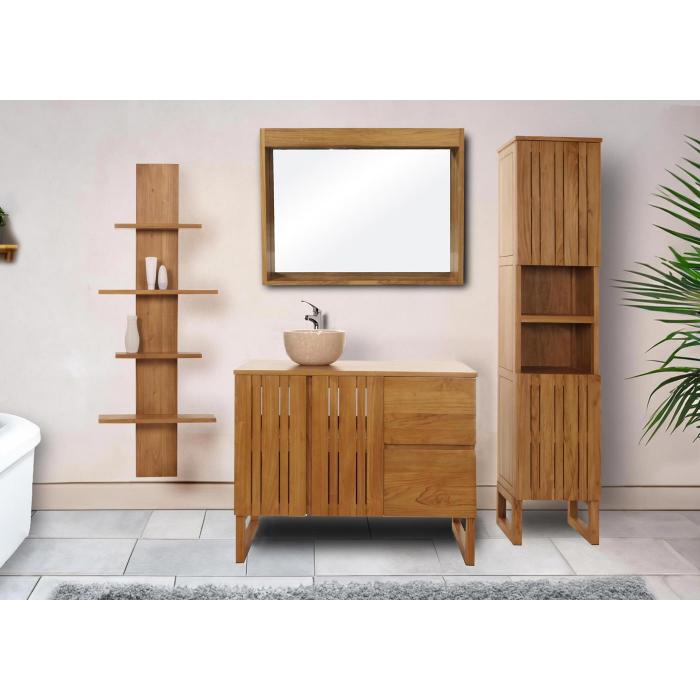 Teak-Badezimmer-Set HWC-M72, Waschtisch Hochschrank Wandregal Wandspiegel Waschbecken, hochwertiges B-Grade-Teak