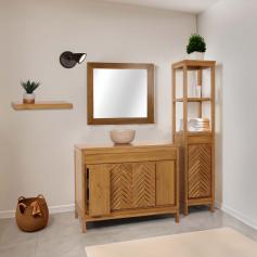 Teak-Badezimmer-Set HWC-M74, Waschtisch Hochschrank Wandregal Wandspiegel Waschbecken, hochwertiges B-Grade-Teak