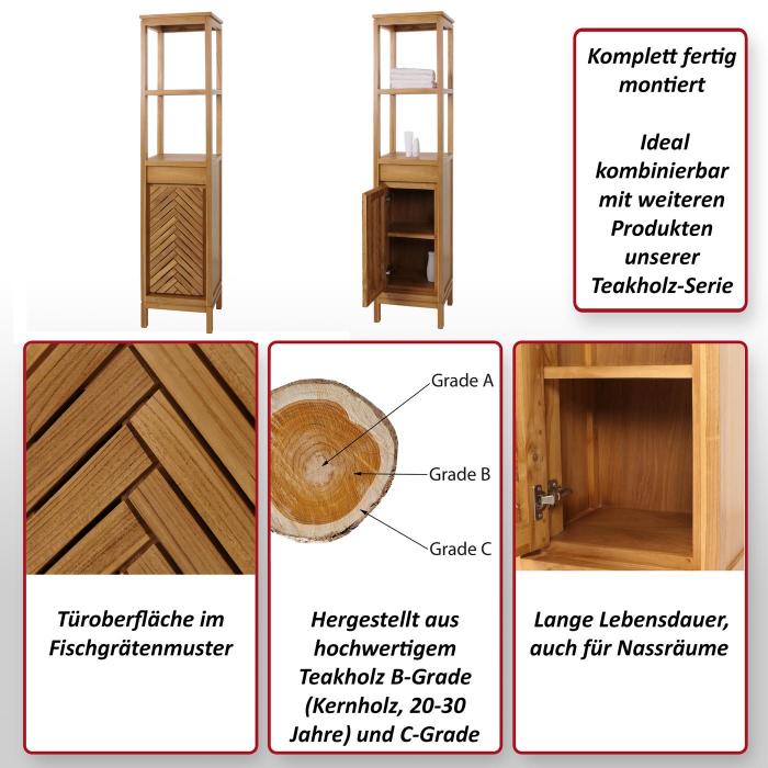 Teak-Hochschrank HWC-M74, Badschrank, 1 Tr 4 Fcher, hochwertiges B-Grade-Teak (Kernholz, 20-30 Jahre) 181x40x35cm