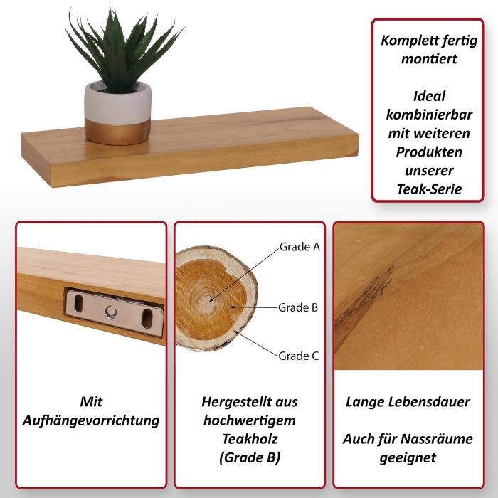 Teak-Wandregal HWC-M74, Badregal Hngeregal Regal, hochwertiges B-Grade-Teak (Kernholz, 20-30 Jahre), 3x41x14cm