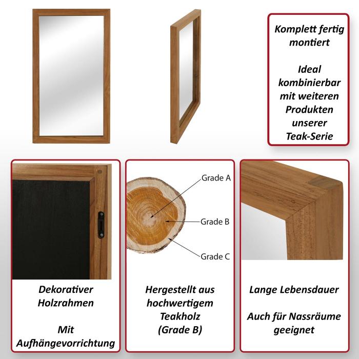 Teak-Wandspiegel HWC-M75, Badspiegel, Holzrahmen, hochwertiges B-Grade-Teak (Kernholz, 20-30 Jahre), 71x40cm
