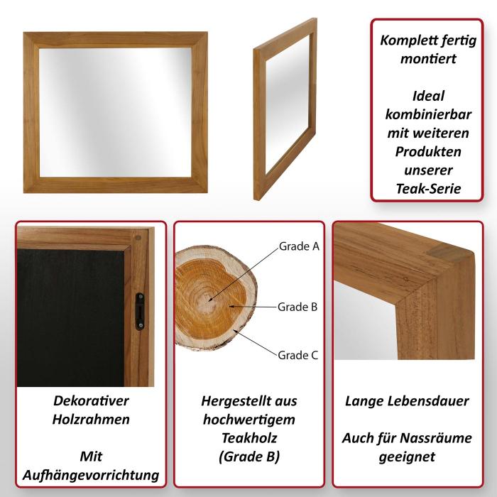Teak-Wandspiegel HWC-M75, Badspiegel, Holzrahmen, hochwertiges B-Grade-Teak (Kernholz, 20-30 Jahre), 71x80cm
