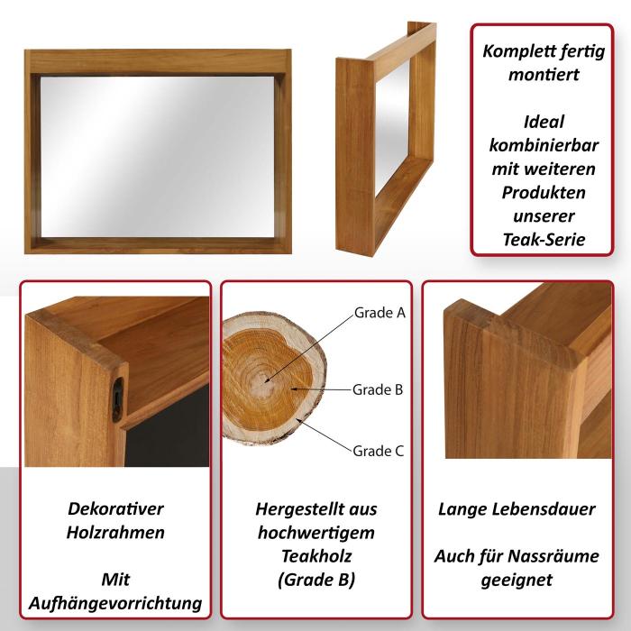 Teak-Wandspiegel HWC-M75, Badspiegel, Holzrahmen, hochwertiges B-Grade-Teak (Kernholz, 20-30 Jahre), 77x100cm