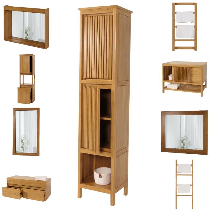 Teak-Badezimmer-Set HWC-M72, Waschtisch Hochschrank Wandregal Wandspiegel Waschbecken, hochwertiges B-Grade-Teak