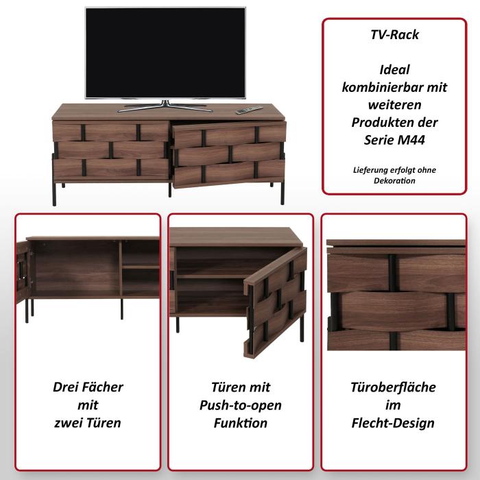 TV-Rack HWC-M44, Fernsehtisch Lowboard TV-Schrank Kommode, Staufcher, 3D-Flecht-Design Push-to-open Tren 120cm, braun