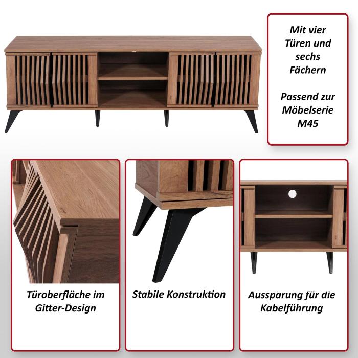 TV-Rack HWC-M45, Fernsehtisch Lowboard Schrank, 3D-Design Staufcher 55x166x41cm, braun