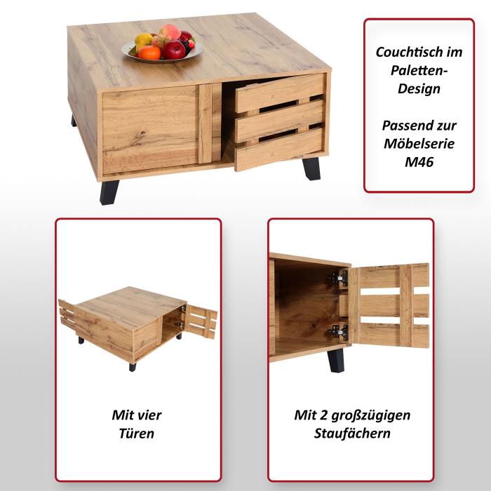 Couchtisch HWC-M46, Wohnzimmertisch Sofatisch Beistelltisch, 2 Staufcher 43x81x81cm, naturfarben