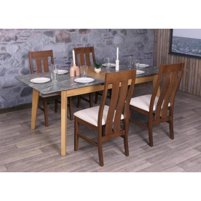 Esszimmertisch HWC-M57, Esstisch, Massiv-Holz Laminat Melamin 160-200x90cm, ausziehbar Marmor/Stein-Optik, helle Beine