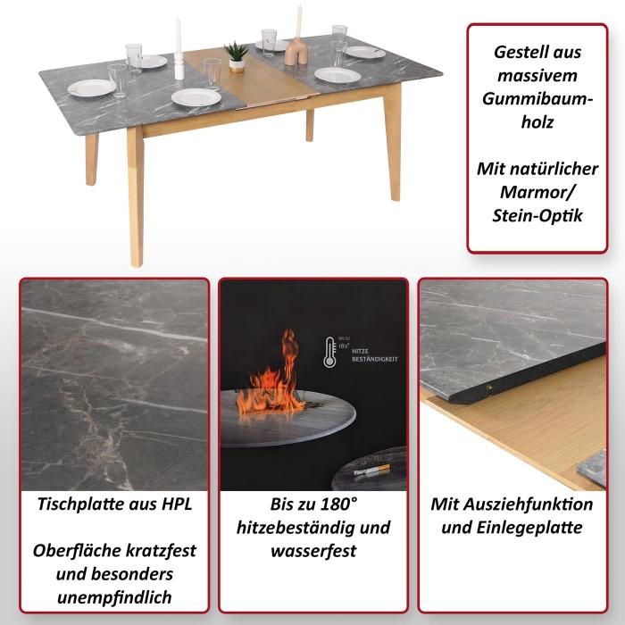 Esszimmertisch HWC-M57, Esstisch, Massiv-Holz Laminat Melamin 160-200x90cm, ausziehbar Marmor/Stein-Optik, helle Beine