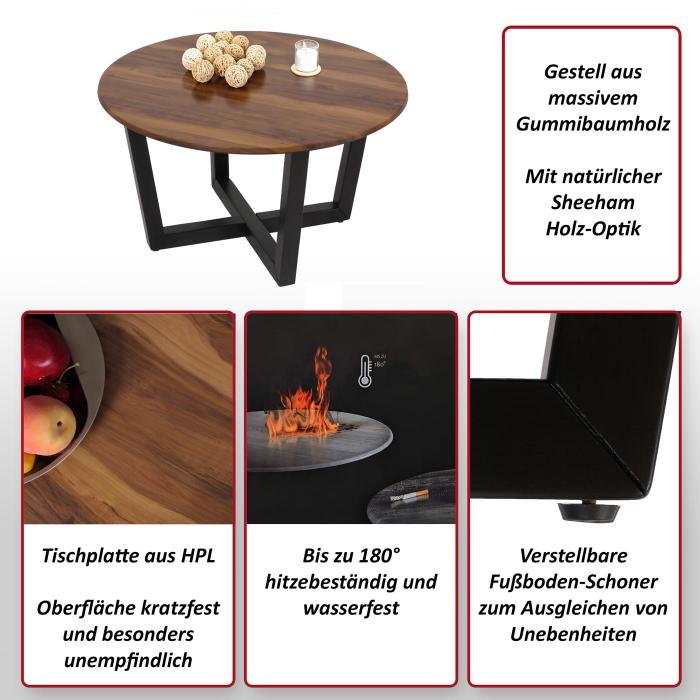 Couchtisch HWC-M61, Beistelltisch Sofatisch, Massiv-Holz HPL Laminat Melamin 80cm, Sheesham Holz-Optik, dunkles Gestell