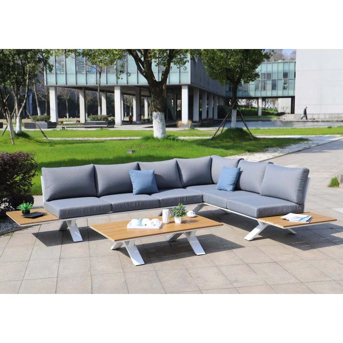 Aluminium Garten-Garnitur HWC-M62, Sitzgruppe Garten-/Lounge-Set Sofa, Holzoptik ~ Gestell wei, Polster hellgrau