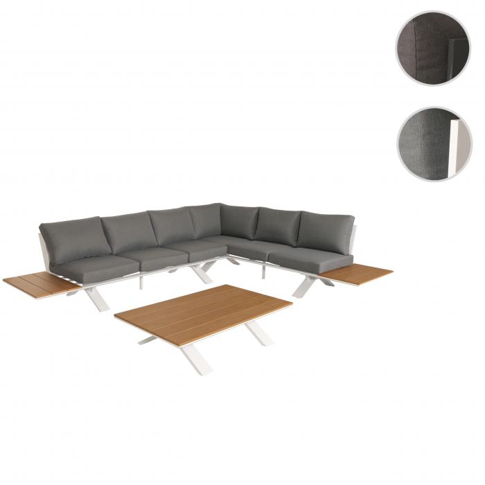 Aluminium Garten-Garnitur HWC-M62, Sitzgruppe Garten-/Lounge-Set Sofa, Holzoptik ~ Gestell wei, Polster hellgrau